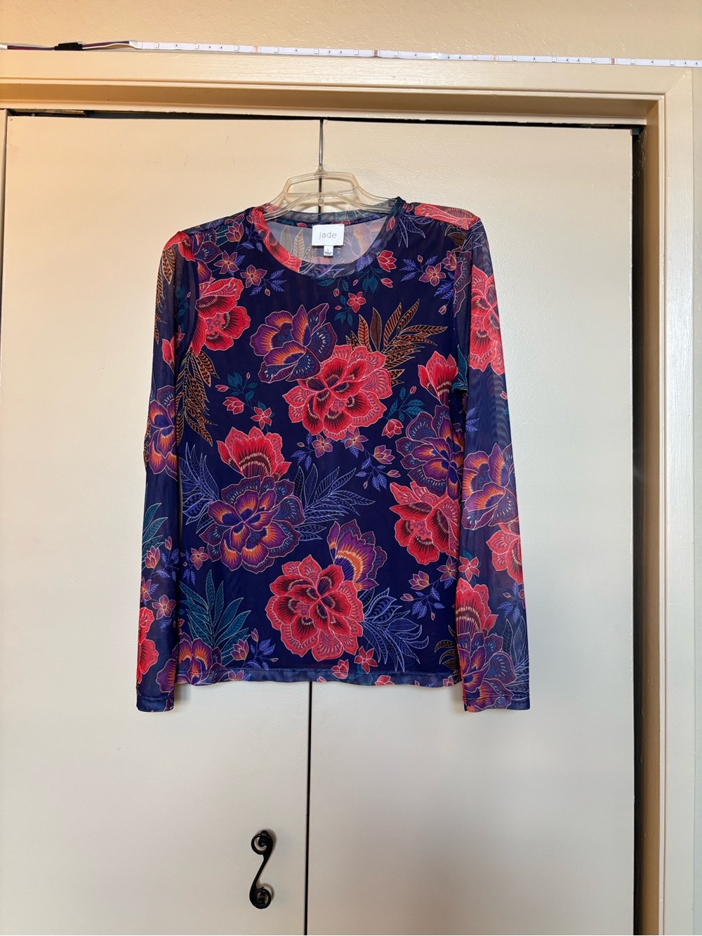 Jade Navy Floral Long-Sleeve Mesh Top with Pink Blooms